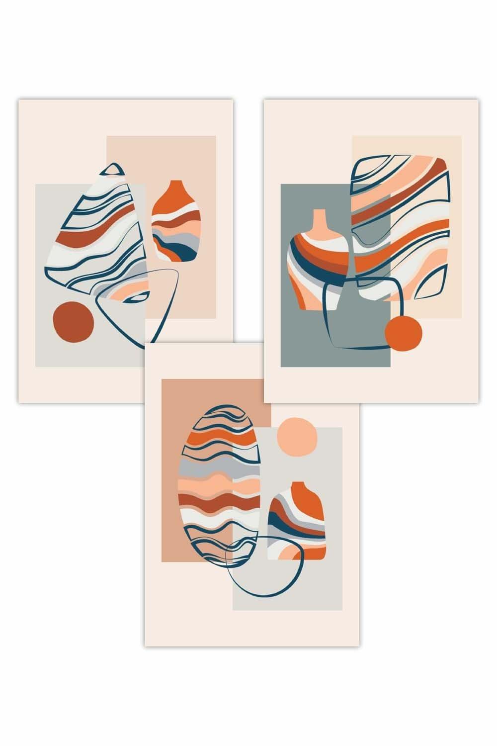 Set of 3 Boho Modern Abstract in Blue and Orange Art Posters